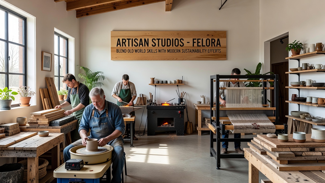 Sustainable weaving studio interior in Felora using reclaimed fibers and solar power