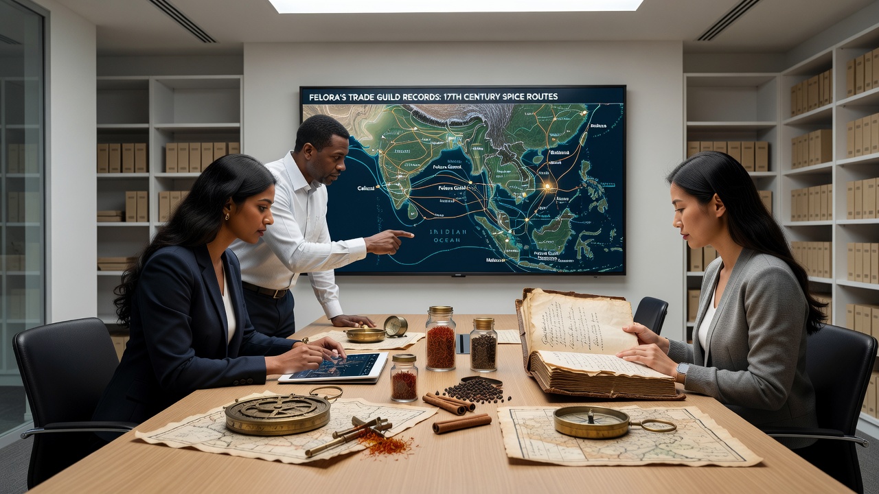Detailed 17th century map showing spice trade routes with annotations linking Felora guild records to ports in Asia and Europe