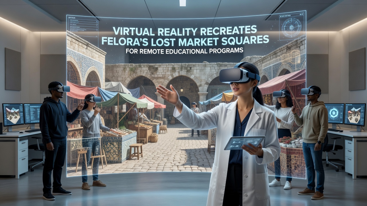 Students wearing VR headsets interacting with a digital model of Felora market square during a remote class session